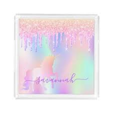 Unicorn Pink Rose Gold Glitter Iridescent Sparkle Acrylic Tray Zazzle Com In 2020 Iridescent Sparkle Rose Gold Glitter Acrylic Tray
