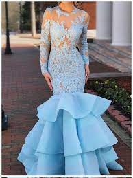 Trumpet Mermaid Scoop Blue Prom Dress With Sleeve Long Evening Dress A Amyprom