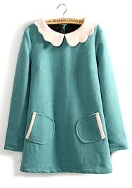 Blue Peter Pan Collar Long Sleeve Wool Dress Fashion Long Sleeve Pocket Dress Clothes