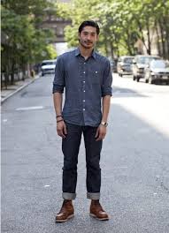Black Jeans And Brown Boots Men Men S Blue Chambray Long Sleeve Shirt Navy Jeans Brown Leather Work Boots Leather Work Boots Mens Fashion Casual Outfits Navy Jeans