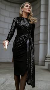 Click For Outfit Details Black Sequin Twist Front Sheath Dress Black Gold Clutch Purse Diamond Statement Ear Crawler Earr Fashion Black Sequins Dresses