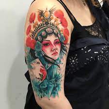 Japanese blue hummingbird and red flowers tattoo design. 25 Most Beautiful Japanese Girl Geisha Tattoos Body Suit Tattoo Tattoos Geisha Tattoo