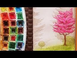 تعليم الرسم بالالوان المائية كيف ترسم منظر طبيعي شجر وردي و عشب المنظور اللوني youtube art painting