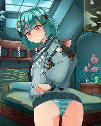 aldrin san, inami yoki, indie virtual youtuber, absurdres, commission,  commissioner upload, highres, 1girl, ass, bed, bed sheet, blue hair, bow,  closed mouth, cupboard, from behind, green hair, hair bow, hair ornament,  hair