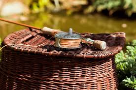 Line basket authentic danish fisker design fly fishing stripping basket ergonomic smooth curved super light minimize line tangles maximum casting distance with silicone spike for line tray. Split Cane Fishing Rod And Creel Stock Image Image Of Lesuire Fisherman 21279977