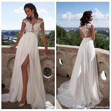 Discount Stock Cheap Lace Plus Size Beach Wedding Dresses Bohemian High Split Chiffon Sheer Neck Backless Boho Bridal Gowns Designer Wedding Gown High Fashion W Boho Bridal Gowns Boho Bridal Dress