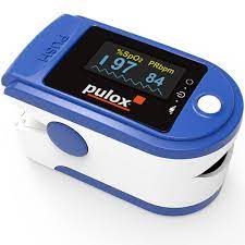 A pulse oximeter probe applied to a person's finger. Pulse Oximeter Pulox Po 200 Blue