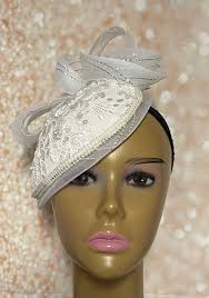 Wedding Headpiece Silver Occasion Hat White Pearl Lace Teardrop Fascinator  Half Hat, Church Head