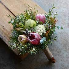 Swallows Nest Farm March Wedding Bouquet Banksia Baxterii Protea White Ice Protea Compacta Bridesmaid Flowers Wildflower Wedding Bouquet Wedding Bouquets