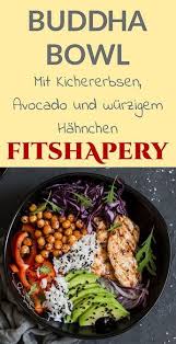 Eine Gesunde Buddha Bowl Mit Kichererbsen Avocado Wurzigem Hahnchen Rotkohl Paprika Reis Und Zwiebel Die Buddha Bow Rotkohl Kichererbsen Gesunde Gerichte