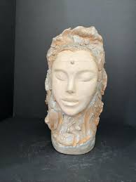 Clay Vase With Woman”s Face 13.25”tall