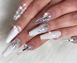 Stiletto Black And Clear Nails White Clear Bling Glitter Coffin Nails By Margaritasnailz White And Silver Nails Bling Stiletto Nails Silver Acrylic Nails