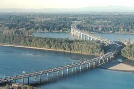 Washington at top with oregon at bottom of photo. The Glenn L Jackson Memorial Bridge Or I 205 Bridge Is A Segmental Bridge That Spans The Columbia River Between Vancouver W Oregon Island Across The Bridge