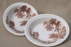 Brown and cream toile flowers neutral floral spoonflower fabric by the yard. Vintage Brown Transferware China Serving Bowls Swinnerton S The Ferry Toile Style Print
