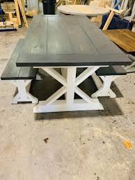Rustic Pedestal Farmhouse Table With Benches Carbon Gray With Pure White Base Dining Set And Kitchen Table With Breadboards