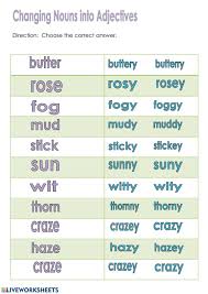 Changing Nouns To Adjectives Interactive Worksheet In 2020 Nouns And Adjectives Adjectives Nouns