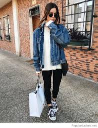 Black And Blue Denim Jacket Black Pants White Blouse And Blue Denim Jacket Outfits With Leggings Fashion Clothes