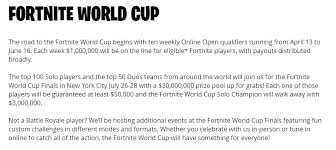Every week will alternate from solos to duos for 10 weeks of online open play. Kristian Fortnite Esports On Twitter Latest Fortnitegame World Cup Announced Online Open Qualifiers 1 000 000 Weekly 100 000 000 2019 Prize Pool Finals In New York City 30 000 000 Solo