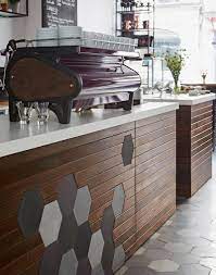 See more ideas about cafe wall, cafe design, cafe. A Creative Way To Transition Between Hexagonal Tiles And Wood Coffee Shop Interior Design Tile Transition Cafe Interior