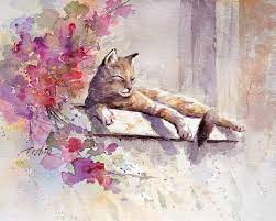 Watercolor painting can be challenging at first, but it is easy and inexpensive to get started: Amazon Com Cat Sunny Day Art Print Of Watercolor Painting Gift For Cat Lovers Handmade