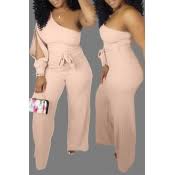 Lovely Casual One Shoulder Light Pink One Piece Jumpsuit With Belt