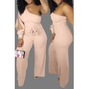 lovely casual one shoulder light pink one piece jumpsuit with belt