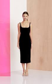 Fitted Midi Dress With 90s Inspired Square Neckline Low Scoop Back Straight Fitted Skirt Midi Lengt Black Midi Dress Occasion Wear Dresses High Neck Midi Dress