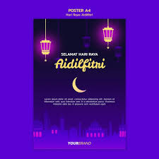 Lanterns, stars and moons over ornamental background. Free Psd Hari Raya Aidilfitri Poster Template With Lanterns And Moon