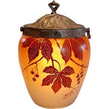 French Joma Art Glass Pate Verre Hand Painted Red Currants Berries Amp Leaves Cookie Jar W Metal Lid Art Deco Sig Blue Art Glass Vase Glass Art Art Deco Sign
