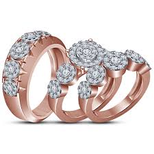 Bride Groom Engagement Ring Trio Set Diamond 14k Rose Gold Plated 925 Silver Engagement Rings Bridal Rings 14k Engagement Ring