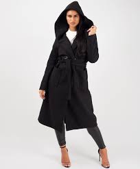 Black Wrap Over Hooded Belted Duster Trench Coat Lexifashion