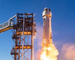 Blue origin is scheduled to launch its reusable new shepard rocket from its texas facility this morning.; Jeff Bezos Blue Origin Space Tourism Flight Launches July 20