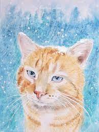 Watercolor Cat Handpainted Christmas Card Aquarell Katze Katzen Weihnachtskatzen