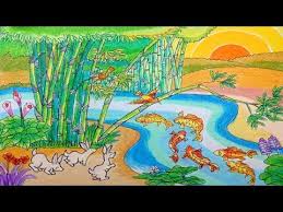 Cara menggambar dan mewarnai gradasi tema pendidikan dan hari guru | menggambar pemandangan sekolah. Cara Menggambar Kelinci Ikan Mas Bambu Dan Sungai Dengan Crayon Oil Pastel Gambar Kelinci Ikan Mas Pastel
