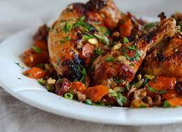 Sweet Spicy Roast Chicken With Carrots Dates Pistachios Once Upon A Chef Recipe Spicy Roast Chicken Roast Chicken Dinner Roast Chicken