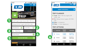 The app prompts users to enter the name of the place they want to travel to. Mobile Trip Planner Lane Transit District