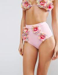 Asos Premium 3d Flower High Waist Bikini Bottom Pink High Waisted Bikini Bottoms High Waisted Bikini Floral High Waisted Bikini