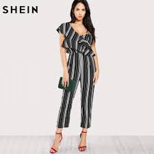Black And White Striped Jumpsuit With Sleeves Black White Striped Women Summer One Shoulder Tiered Layer Sleeveless Mid Waist Party Jumpsuit Striped Jumpsuit Jumpsuits For Women Jumpsuit Party