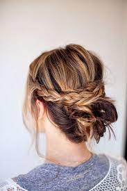 Brown Hair Blonde Highlights Braided Updo Black Braided Hairstyles Grey Shirt Whit Medium Length Hair Styles Long Hair Styles Updos For Medium Length Hair