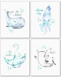 Amazon Com Confetti Fox Sea Nursery Pictures Wall Art Decor 8x10 Unframed Set Of 4 Prints Kids Ocean Lif In 2020 Sea Nursery Nursery Pictures Ocean Animal Nursery