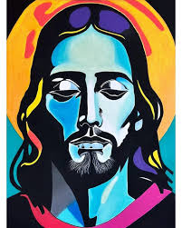 J-Day 1969, Jesus in flower power style, pop art, acrylic and oil pastel  art, canvas (format 120 x 90 cm), unique, original, artist ROSSI