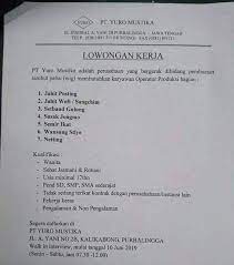 Informasi lowongan kerja purbalingga lulusan smp, sma, d3, s1, segala jurusan. Lowongan Kerja Pt Yuro Mustika Purbalingga Info Loker Purbalingga