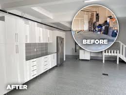 Installing the floors under the cabinets, wastes flooring materials. Garage Cabinets And Flooring Before And After News Garage Frontiers Edmonton Alberta
