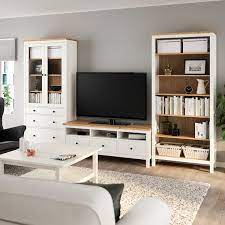 Convenient storage for books, magazines, accessories, etc. Hemnes Tv Storage Combination White Stain Light Brown Clear Glass Ikea
