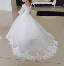 White Tulle Off The Shoulder Princess Flower Girl Dresses With Half Lace Sleeves Wedding Flower Girl Dresses White Flower Girl Dresses Princess Flower Girl Dresses