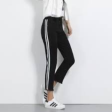 Black And White Striped Jeans Womens Plus Size Mid Waist Ankle Length Black White Side Stripe Denim Skinny Straight Women Jeans Women Jeans Side Stripe Boutique Style Outfits