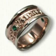 14kt Two Tone Custom Personalized Wedding Band Set With 2 Chatham Emeralds Bezel Set Unique Gold Rings Design Personalized Wedding Rings Unique Gold Rings