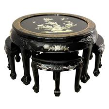 Vintage oriental chinese lacquer black coffee table 3 drawers. Oriental Furniture Black Lacquer Mother Of Pearl Round Coffee Table With Four Stools Walmart Com Walmart Com