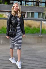 Striped Midi Dress And Leather Jacket And Sneakers Outfit Via Confessions Of A Product Junkie Blog Striped Midi Dress Outfits Dress With Sneakers
