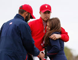 Jordan spieth wasn't the only member of his entourage who got to chug from the claret jug this year. Jordan Spieth Center Is Embraced By His Girlfriend Annie Verret Following His Loss To International Team Player Marc Leishman Of Australia In Their Singles Match As Dustin Johnson Left Watch